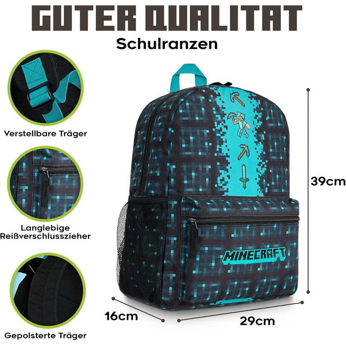 Рюкзак Minecraft для дітей, шкільний ранець з сітчастою кишенею та м'якими лямками - подарунок для хлопчиків, блакитний