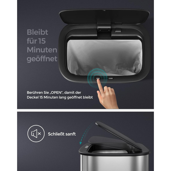 Відро для сміття SONGMICS з датчиком 50л, з м'яким закриттям, з нержавіючої сталі, з кільцем для пакетів, срібне (LTB610E50)