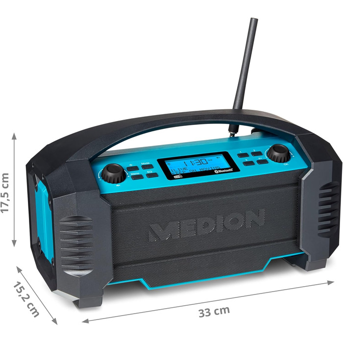 Радіоприймач Medion E66877 DAB+ Baustellenradio: Bluetooth 5.0, DAB+, FM, LED-ліхтар, акумулятор/мережа, водонепроникний (IP44), синій