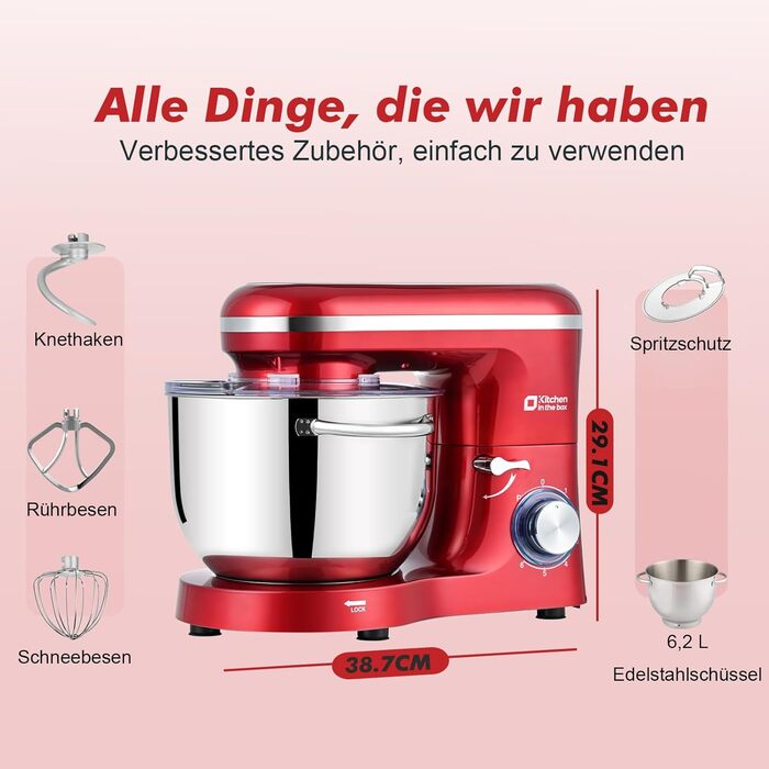 Кухонна машина Küchenmaschine 6.2 л, 1400 Вт, 6 швидкостей з набором насадок (міксер, гак для тіста, вінчик)