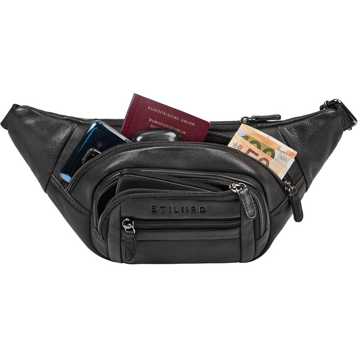 STILORD 'Dublin' Чоловіча поясна сумка з екошкіри великого розміру з багатьма відділеннями, водовідштовхуюча, захист від крадіжки. Чоловіча сумка на пояс XXL з екошкіри для подорожей, фестивалів, піших прогулянок, чорного кольору.