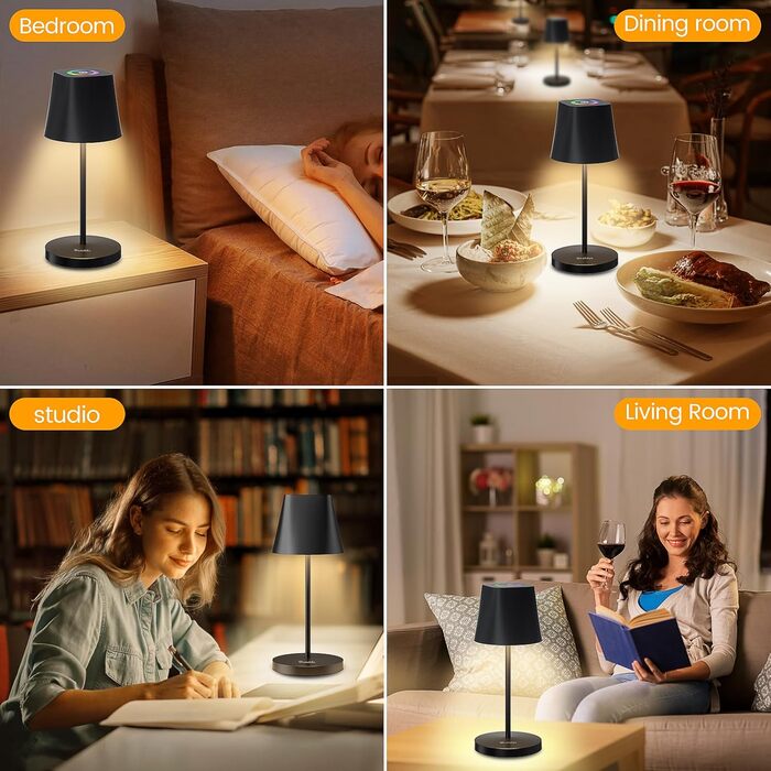 LED настільна лампа Quntis бездротова, торцева, з регулюванням яскравості, акумуляторна, USB, 3000K-5000K, IP44, для дому та вулиці, чорна (2, 3 колірні температури + RGB)