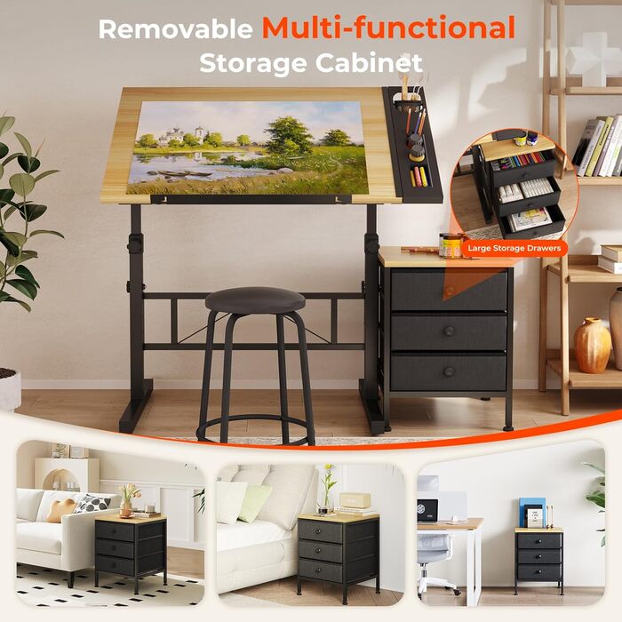Adjustable Drafting Table with Tilt - 0-60° - Includes Stool & Storage - Wood Finish for Home & Office