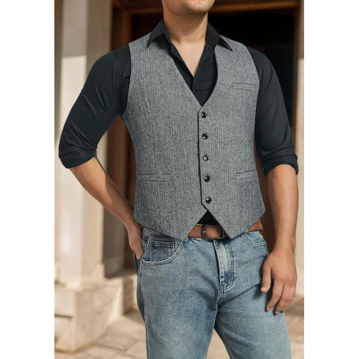 HISDERN Жилет чоловічий в клітинку Herringbone, весільний, формальний, твідовий, вовняний, класичний, базовий, сірий