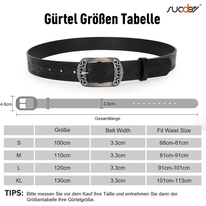 Жіночий шкіряний ремінь Suosdey класичний чорний з квітковою пряжкою для джинсів, суконь та одягу, 100 см, розмір талії 73-83 см