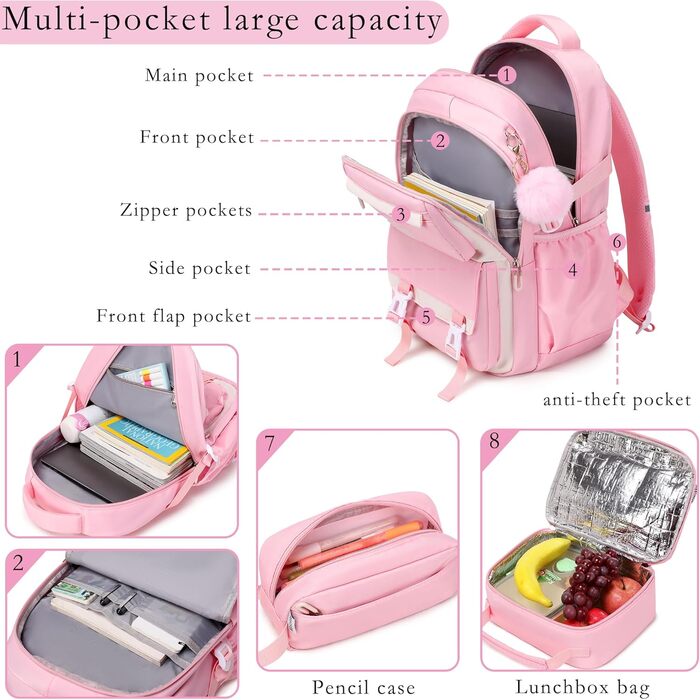 Шкільний рюкзак Makukke для дівчаток та підлітків, 30L, рожевий. Набір шкільних рюкзаків, водонепроникний, з багатьма кишенями. Підходить для хлопчиків та дівчат.