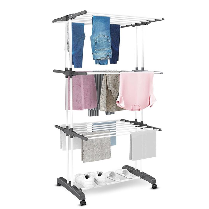 Воніа - сушилка для білизни на колесах, металева, 3 яруси, 6 відкидних крил, 72 x 50 x 172 см, для дому та вулиці