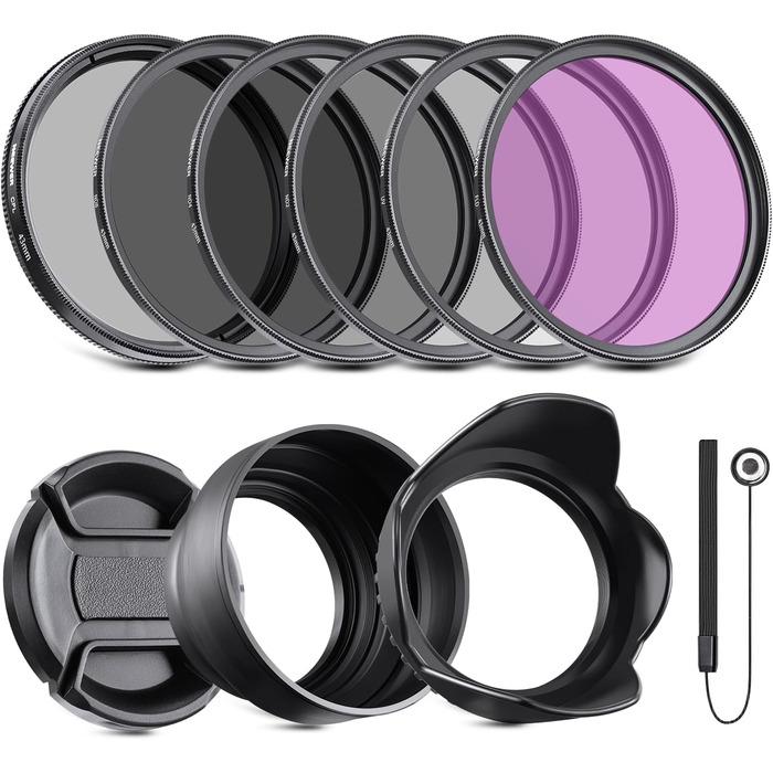 NEEWER Набір фільтрів ND2, ND4, ND8, UV, FLD CPL (циркулярний поляризаційний) 46 мм + кришка об'єктива 43 мм