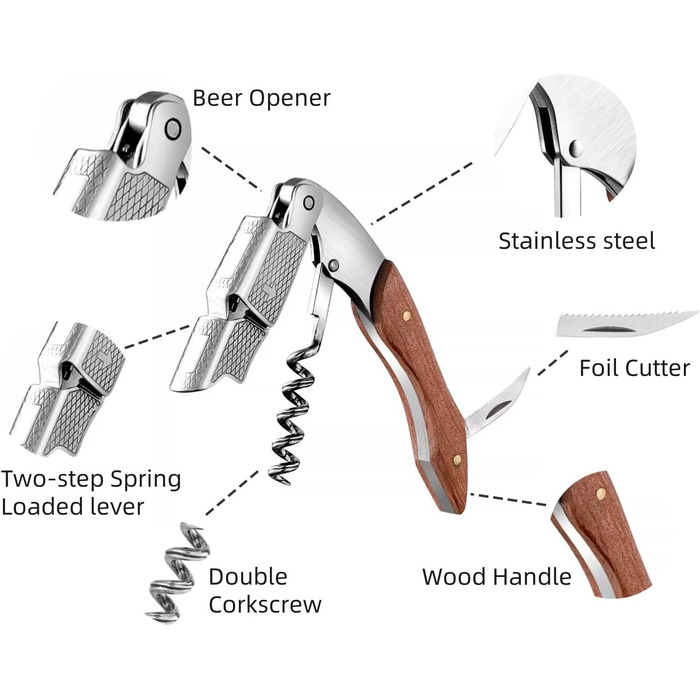 BOQO Corkscrew Wine Opener, Professional Waiter's Knife Made of Stainless Steel, Wine Bottle Opener with Foil Cutter, Vacuum Wine Pump and Wine Pourer with Aerator, Wine Accessories