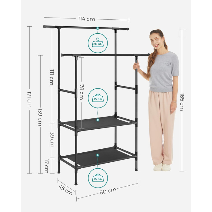 SONGMICS Стійка для одягу металева, з 2 перекладинами та 2 полицями, біла, до 70 кг, RDR02WT (Чорний)