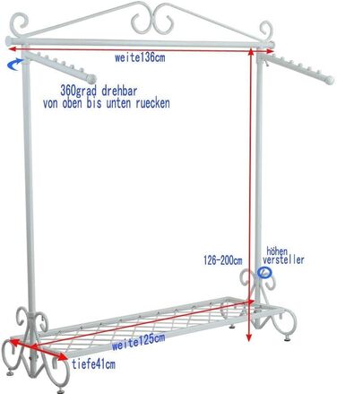 Clothes Rack, Coat Rack with Shoe Storage, Width 136cm, Vintage Style Metal, Height Adjustable from 126 to 200 cm (White)
