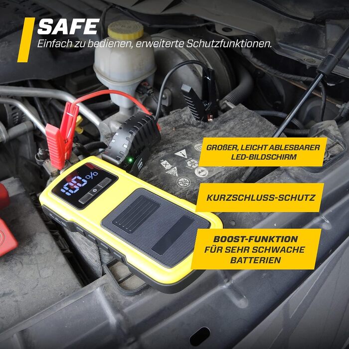 Бустер для авто MAXTOOLS JS500 2200A 22Ah — Пусковий пристрій (Jump Starter) для 12V дизельних та бензинових двигунів, Powerbank з LED-ліхтарем та USB
