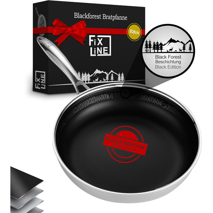 FIXLINE Black Forest Non-Stick Fry Pan - 28cm - RED Design - PTFE-Free - Compatible with All Cooktops (including Induction) - Oven Safe up to 250°C - Easy Cleaning - Ideal Gift