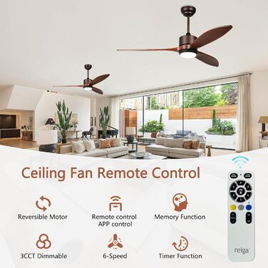 Стеляний вентилятор Reiga з дерев'яною обшивкою, 165 см, великий, DC-двигун, керування пультом та Smart Home, 6 швидкостей, колір дерево, для внутрішнього/зовнішнього використання, з підсвічуванням