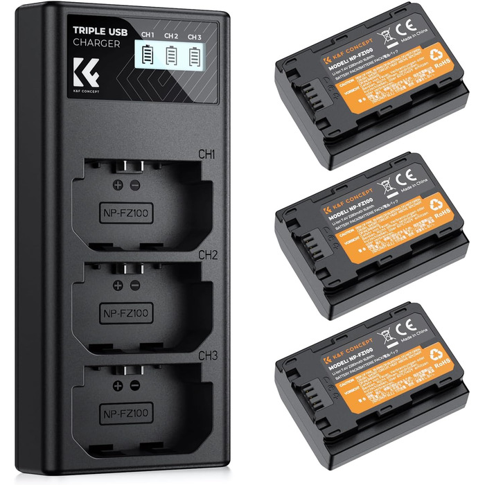 Акумулятор K&F Concept NP-FZ100 (3 шт) з зарядним пристроєм на 3 слоти, 2280mAh для Sony Alpha A7III, A7IV, A7R III/A7R3, A7RIV, A7RV, A7C, A7S III/A7S3, A9, A9II, A6600, A9R, FX3, FX30