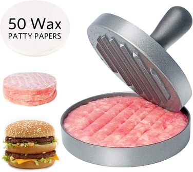Пресс для бургерів з нержавіючої сталі, кулінарна якість, з ABS-ручкою, антипригарний, 11,5 см, 50 аркушів для паті, сірий