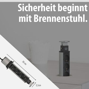 Вбудований подовжувач Brennenstuhl Tower Power на 3 розетки, 2м, вмонтовувана настільна розетка, алюміній/чорний