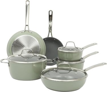Набір кухонного посуду Sur La Table Kitchen Essentials, 13 предметів, керамічне покриття, антипригарне, для індукційних плит, знімний ручка, зелений