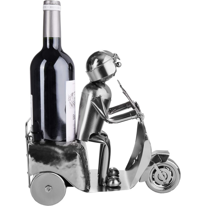 BRUBAKER Wine Bottle Holder Scooter Rider Silver - Metal Sculpture Bottle Stand - 27 cm Metal Figure Wine Gift for Scooter Fans - with Greeting Card