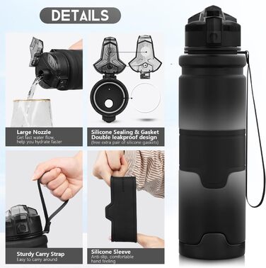 ZORRI Sport Water Bottle for Kids, 500 ml/700 ml/1000 ml, BPA-free, eco-friendly Tritan plastic, reusable water bottles with filter, 1000ml-32oz (Black/White, 503 ml)