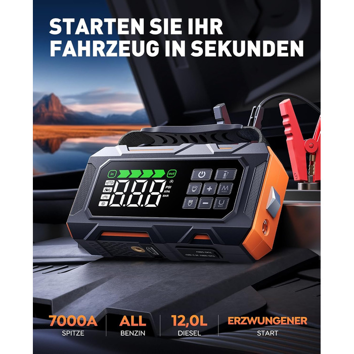 Powerbank для авто 26800mAh 7000A з компресором 160PSI, старт допомога, 5 LED, набір для ремонту шин, молоток, підтримка бензину/дизеля