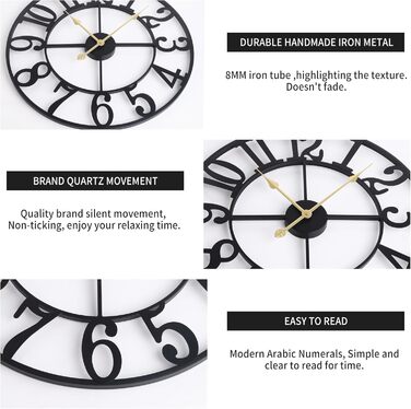 HAITANG Large Vintage Wall Clock, round, metal silent (no ticking), battery-powered, 40cm, 16 inch Roman numerals, clocks for living room, bedroom, kitchen wall clock decoration (Black Arabic numerals, 40 Cm)