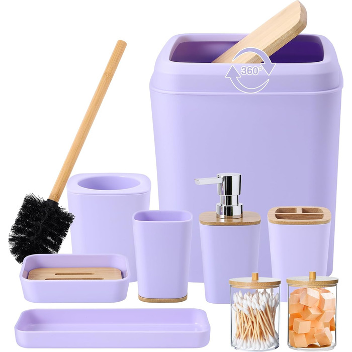 Набір аксесуарів для ванної кімнати, 9 предметів: сміттєвий бак, тримач для зубних щіток, стаканчик для зубних щіток, диспенсер для мила/лосьйону, тумбочка для раковини, мильниця, щітка для унітазу, тримач для ватних паличок (світло-фіолетовий, Bath Set)