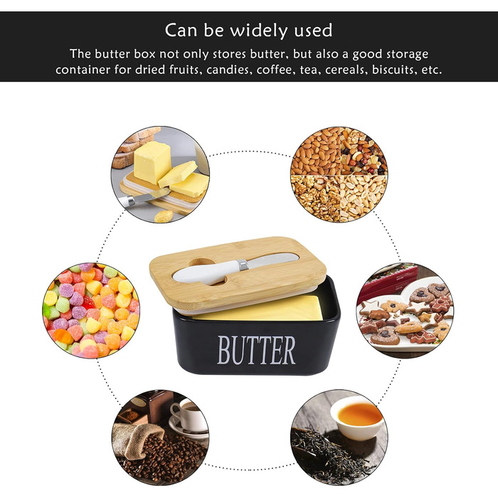 Porcelain butter dish with lid, airtight silicone butter keeper for butter, nuts, cheese, plus butter spreader.