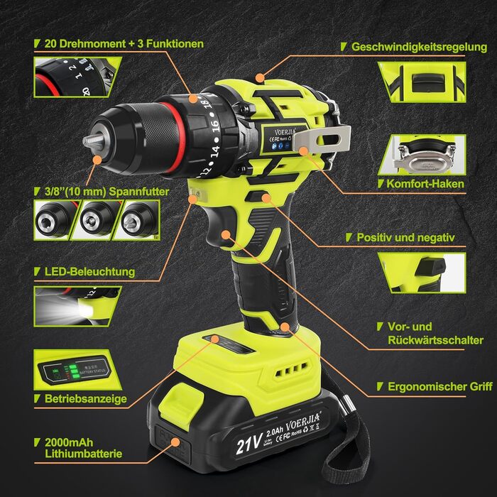 Акумуляторний шуруповерт 21V з набором 46 предметів: безщітковий дриль-шуруповерт, 2 акумулятори 2000 mAh, патрон 3/8', 20+3 ступені крутного моменту, до 65 Н.м, LED-ліхтар, 2 швидкості, аксесуари для електроінструментів