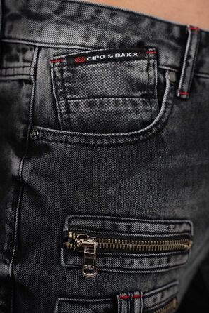 Чоловічі джинси Cipo & Baxx в стилі байкер – Regular Fit або Slim Fit | Чорний денім з потертостями, декоративними швами, блискавками та кишенями | Стильні повсякденні джинси з деніму (31W / 32L)