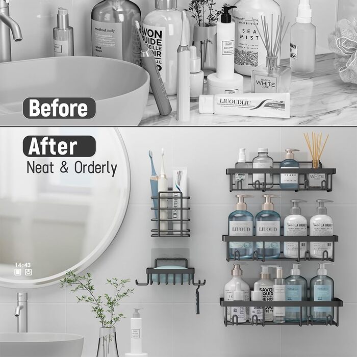 Набір полиць-органайзерів для душу Liuoud (5 шт), самоклеючі кошики для ванної кімнати без свердління, металевий тримач для шампуню, стійкий до іржі, темно-сірий