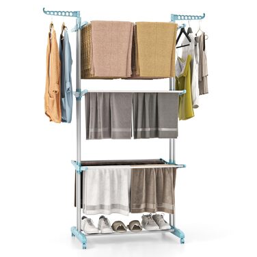 Сушарка для білизни COSTWAY 4-рівнева з колесами, розкладна, з 2 обертовими крилами, висувна, для дому та вулиці (світло-блакитна)