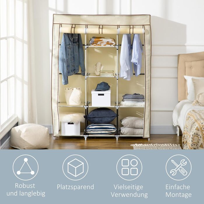 HOMCOM Closet, Fabric Wardrobe with Drawers, Clothes Rail and Zipper, Fabric Clothes Closet Folding Wardrobe for Bedroom, Dressing Room, 102 x 42.5 x 162.5 cm, (Cream White, 125L x 43W x 162.5H cm)