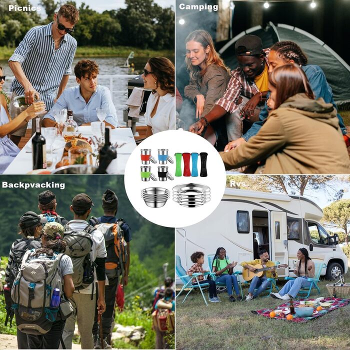 Набір для кемпінгу з нержавіючої сталі: посуд, столові прилади на 4 особи, у сітчастій сумці