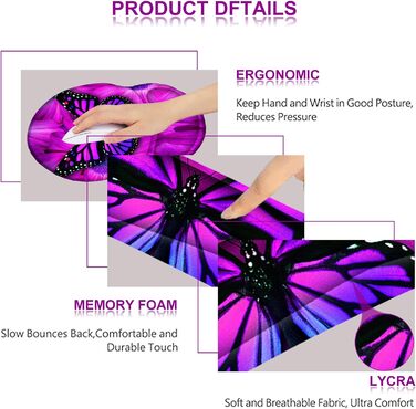 Підкладка під мишу та клавіатуру ergonomic ARTSO з підтримкою зап'ястя, Memory Foam, фіолетовий метелик