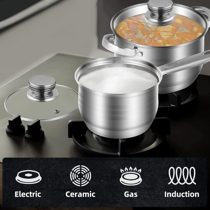 RIOVARM Stainless Steel Cookware Set with Lids, Induction Non-Stick Cookware Set, PFOA-Free, Kitchen Essentials Set, Suitable for Ovens, Frying Pan, Saucepan, Sauteuse, Saucepan, Casserole, Stainless Steel Cookware Set