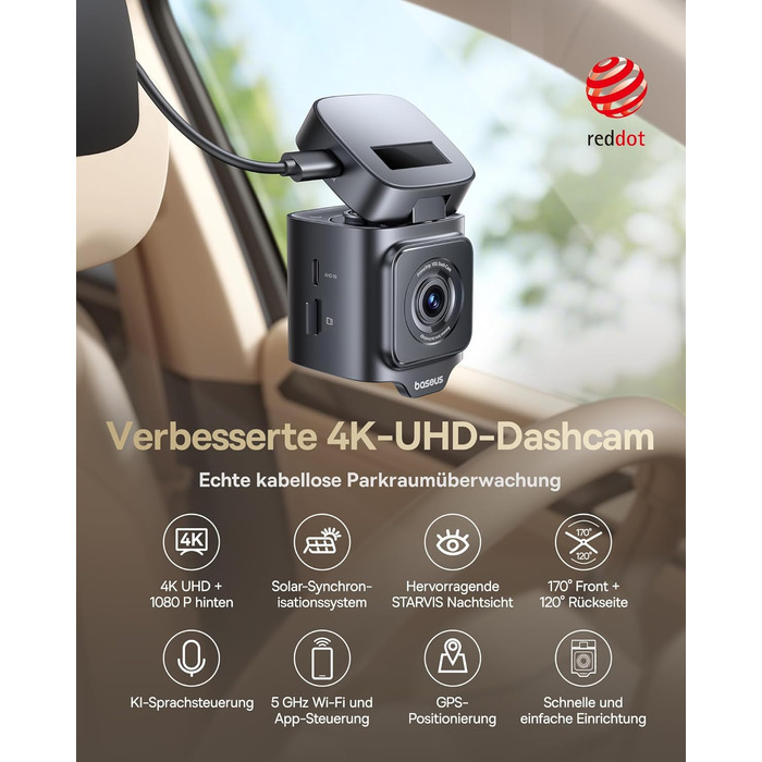 Автомобільний відеореєстратор Baseus VD1 Pro 4K+1080P з сонячною панеллю, режимом паркування, STARVIS нічним баченням, GPS, 5GHz Wi-Fi та карткою пам'яті 32GB
