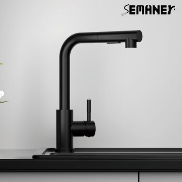 Кухонний змішувач SEMANEY з висувною лійкою, чорний, з донним клапаном, 360° обертання, 2 режими, для кухні