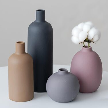 Modern Ceramic Vase Set - 4 Piece, Morandi Colors, Minimalist Table Decor, Nordic Style, Neutral Boho Scandinavian Vase Set (Black)