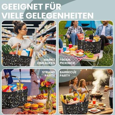 Складаний кошик для покупок на 30L з 4 стійками | Міцний кошик для перенесення та кошик для пікніка | Великий складаний кошик для сім'ї (46x27x25cm) | З м'якими ручками | Для покупок, подорожей, кемпінгу (30L, Чорний з новорічним принтом)