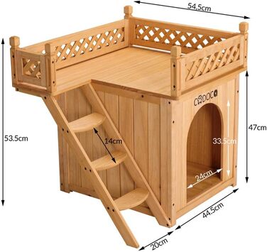 Двоярусний будиночок для котів та собак Tierhaus з дерева, сертифікат FSC®, 65x55x54 см - тераса, сходи, балкон