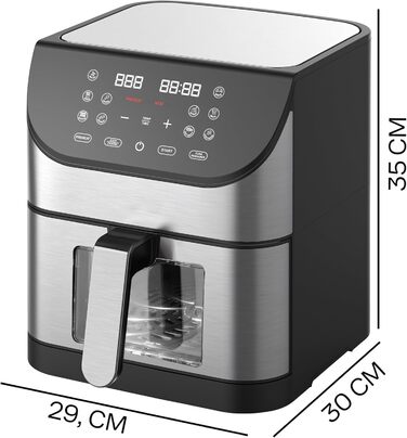 Retoo Фритюрниця без олії 6.5л 1800W з цифровим дисплеєм та 10 програмами, аерофритюрниця, нержавіюча сталь, чорний колір