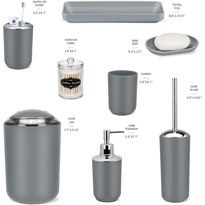 Набір аксесуарів для ванної кімнати IMAVO – 8 предметів сірого кольору (сміттєвий бак, дозатор мила, мильниця, тримач для зубних щіток, тримач для унітазного йоржика, диспенсер для ватних паличок з етикетками)