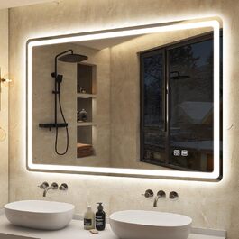 Дзеркало для ванної кімнати S'bagno з підсвічуванням 100x70 см, LED, з полицею, антизапар, 3 колірні температури, регулювання яскравості, HD скло, IP44, горизонтальне/вертикальне встановлення, M55 (без Bluetooth)