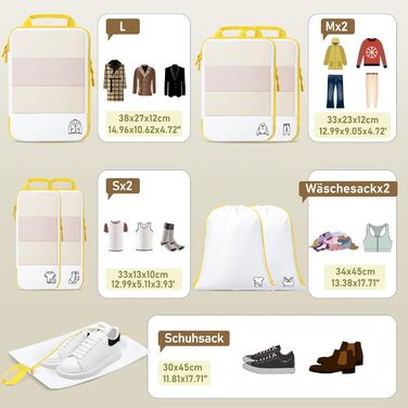 Набір з 8 компресійних органайзерів для валізи - чорний, лимонний колір