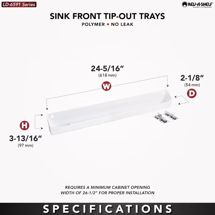 Органайзер для мийки Rev-A-Shelf LLD-6591-24-11-1, 61 см, полімер, білий, висувна шухляда з лотком і завісами для тумб під мийку