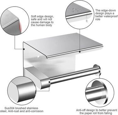 Тримач туалетного паперу ASOFTY без свердління з полицею, нержавіюча сталь, для ванної кімнати та кухні