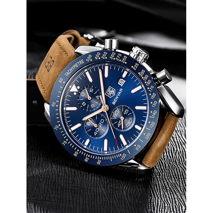 Годинник чоловічий Benyar Chronograph з кварцовим механізмом, аналоговий, з шкіряним ремінцем. Стильний дизайн для бізнесу, спорту та повсякденного носіння. Водостійкий (30M). Елегантний подарунок для чоловіків. Колір: блакитний
