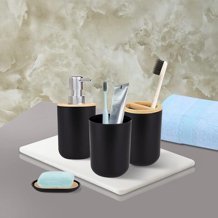 Bathroom Accessories Set - 6Pcs Bathroom Accessories Set made of Bamboo, Lotion Bottles, Toothbrush Holder, Tooth Cup, Soap Dish, Toilet Brush, Trash Can (4 Pcs Black)