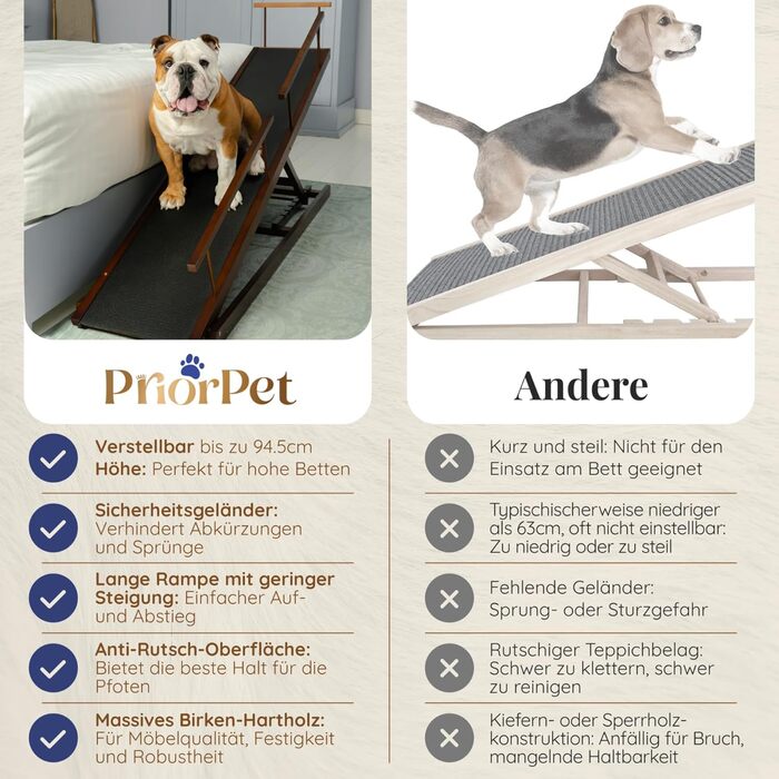 Сходинки для собак PRIORPET з натурального березового дерева з поручнями - регульована висота до 94.5 см - складаються - антиковзні ручки - для собак до 23 кг - колір Walnut